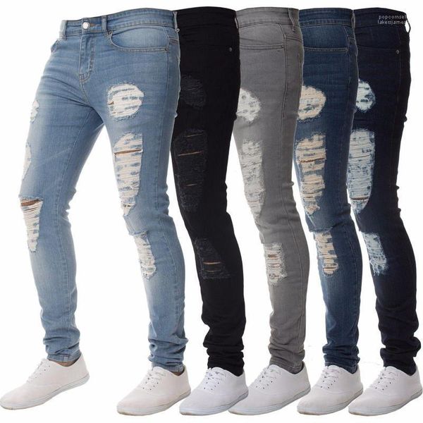

2018 fashion mens skinny jeans men's tight-fitting solid color worn denim pants for sale designer pants, Blue