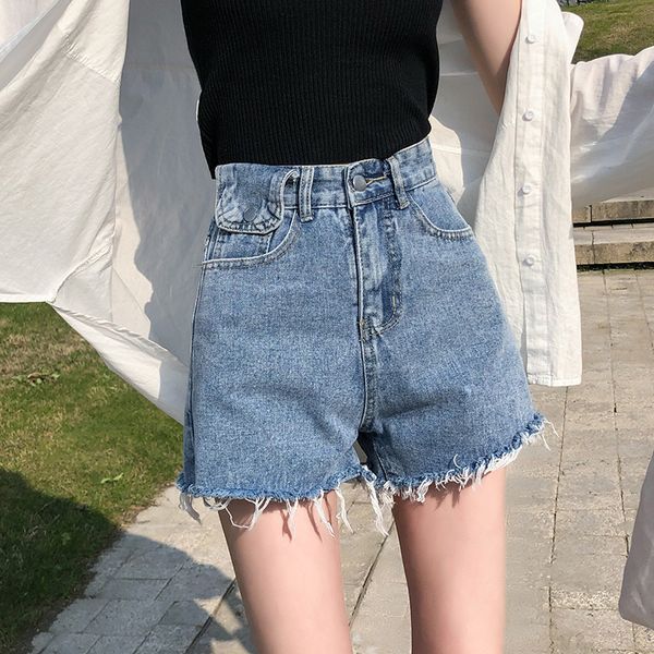 

korean women denim shorts casual loose high waist wide leg streetwear, Blue