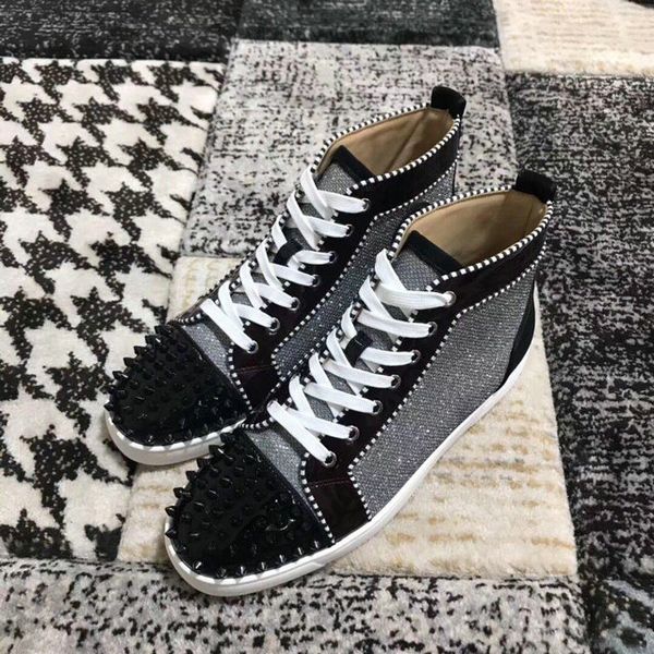 

size 35-47 perfect high louisflat spikes men women sneakers flats luxury designer red bottom shoes glitter party dress outdoor trainer, Black