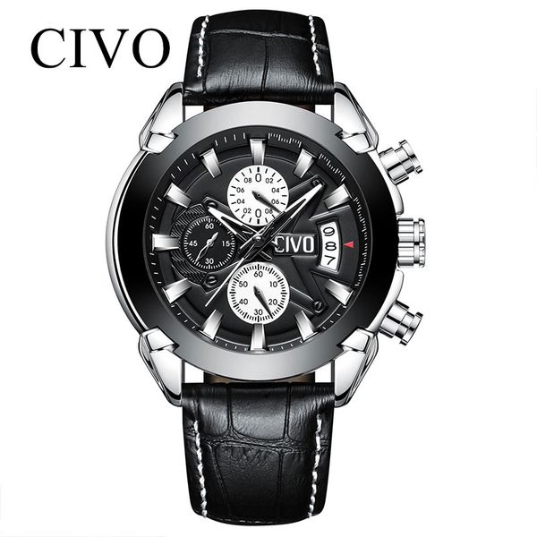 

civo waterproof analogue quartz wrist watch with chronograph calendar fashion sport watch mens genuine leather clock reloj, Slivery;brown