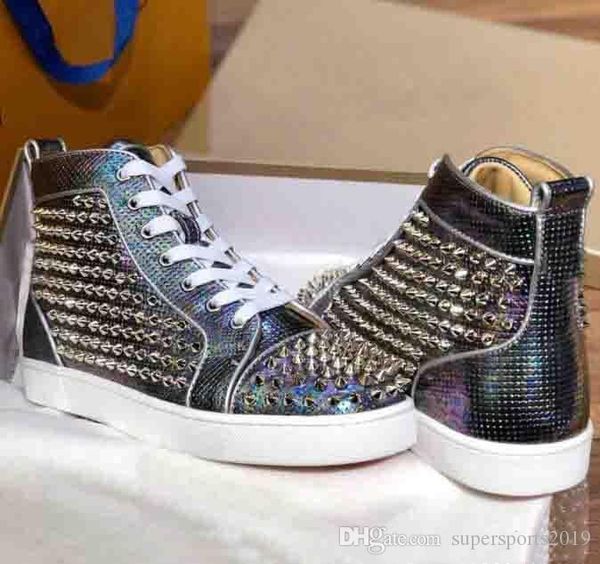 

full packaged ] super quality men sneakers red bottom high cut full spiked sliver louflat spiked leather sneaker fashion men women casual, Black