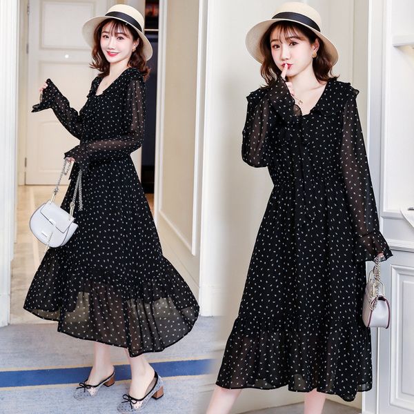 

2020 black new spring / summer maternity long sleeve chiffon midi dress, White