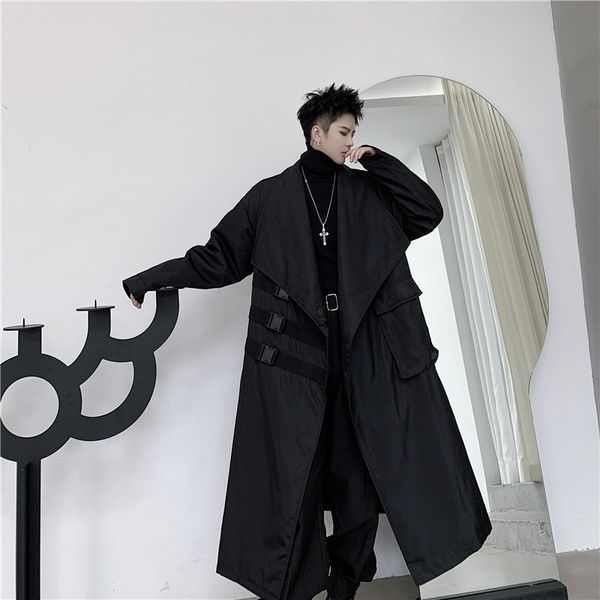 

men japan street dark black loose trench coat outerwear male punk gothic fashion casual loose windbreaker long jacket overcoat, Tan;black