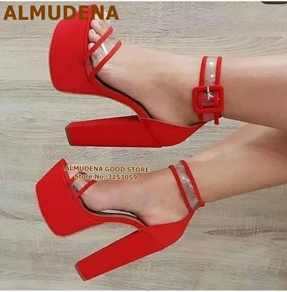 

almudena red chunky heels wedding shoes high platform transparent pvc sandals buckle strap prom banquet pumps size46 dropship t200327, Black