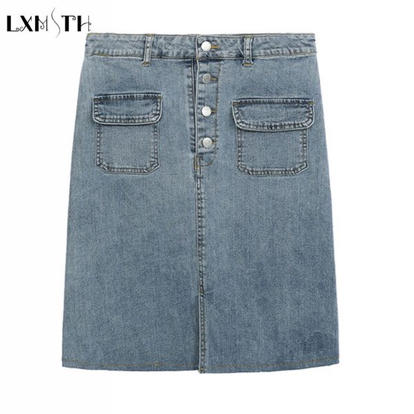 

women jean skirt plus size autumn spring pocket button casual straight stretch blue elegant high waist denim skirts 2xl-4xl, Black