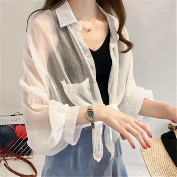

2020 shirts women chiffon sunscreen clothing ladies korean style womens striped blouse outwear loose shirt thin elegant coat, White
