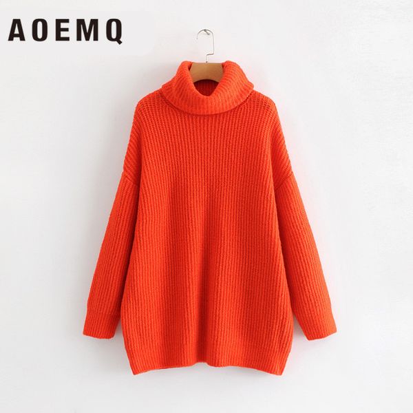 

aoemq simple fashion candy color sweater 2018 autumn and winter new product long section high collar long sleeve sweater coat, White;black