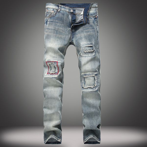 

men's jeans break-in patch slim straight-tube jeans retro-fashion moto fit straight denim pants distressed trousers, Blue
