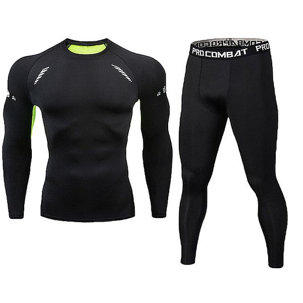 

men's sportswear gym sport suit rashguard compression tracksuit fitness tight sportswear running set t-shirt leggings, Black;blue
