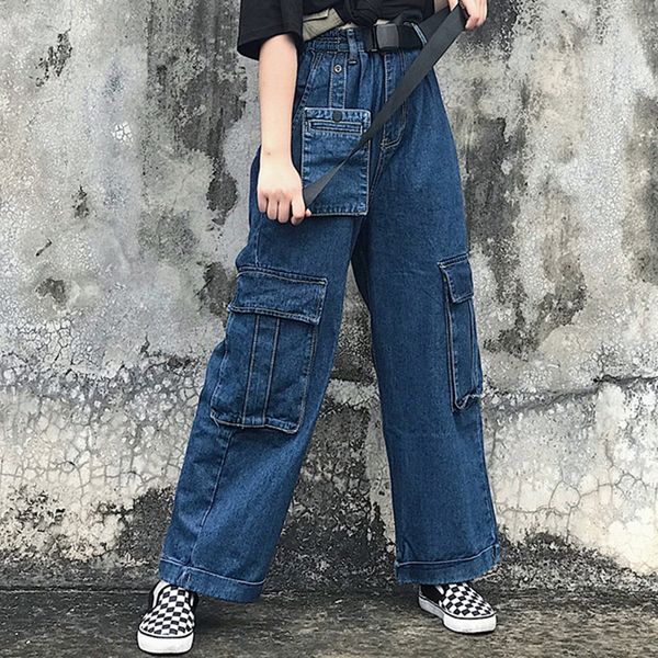 

women multi-pocket ribbon spliced loose casual jeans female men streetwear hip hop harem trousers straight denim wide leg pants, Blue