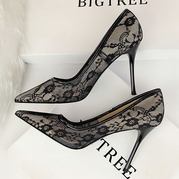 

yalnn high hell pumps women shoes thin hells high heels shallow pointed toe hollow lace fashion heels pumps for ladies, Black