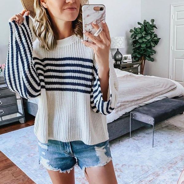

2019 autumn winter long sleeve striped pullover women sweater knitted sweaters o-neck pull femme jumper female white#j30, White;black