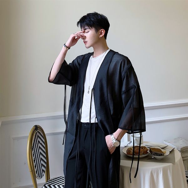 

new men translucent mesh trench coat male japan streetwear punk gothic hip hop long cardigan jacket stage clothing, Tan;black