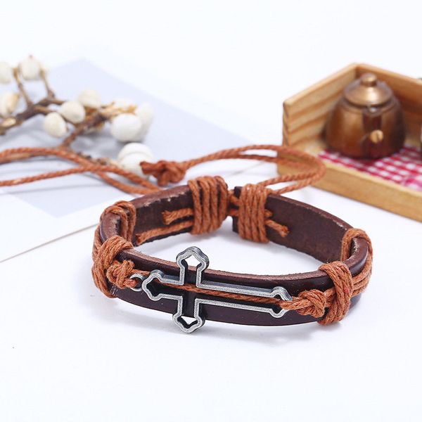 

luxury temperament silver christian cross jesus adjustable bracelets brown cowhide genuine leather rope cuff women men friends jewelry gifts, Golden;silver