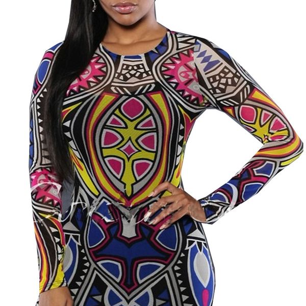 Atacado-Plus Size Mulheres Tribal Tattoo Imprimir Malha Macacão Romper Curvy Africano Aztec Bodysuit Celebridade Catsuit Tracksuit Jumpsuit