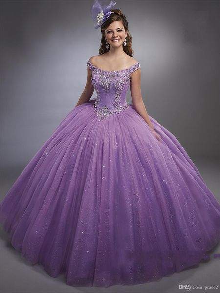

lavender sweet 15 16 birthday dresses with off the shoulder crystals beaded tulle sparkling quinceanera dresses, Blue;red