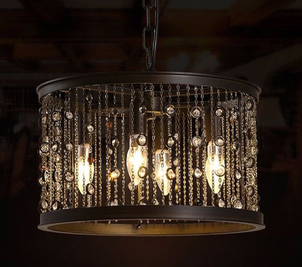 Americano LED Vintage Vela de cristal lustre de ferro Tassel Industrial Light Circular Restaurante Bar Cristal Lamp Sala MYY