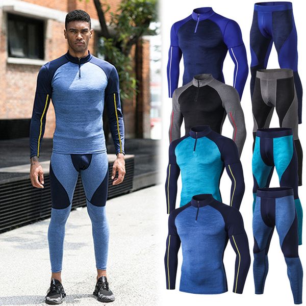 

men's sport running set compression t-shirt + pants running 2pcs sets basketball training bottom high elastic clothes sportswear, Black;blue