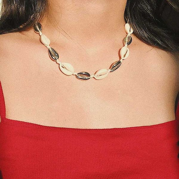 

women's natural cowrie shell necklace handmade knot seashell collar choker adjustable necklaces summer hawaii beach boho jewelry, Golden;silver