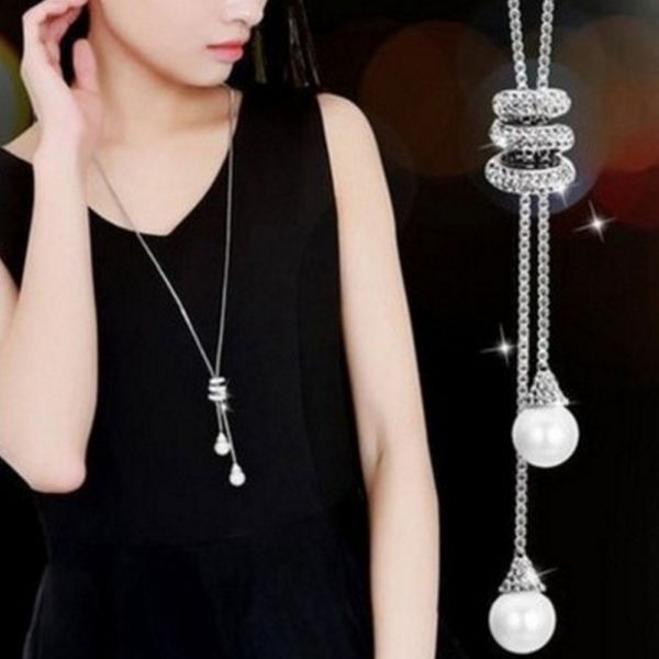 

alloy tassel link chian pendant sweater necklace jewelry wholesale fashion women pearl charms necklaces with spiral rhinestone, Silver