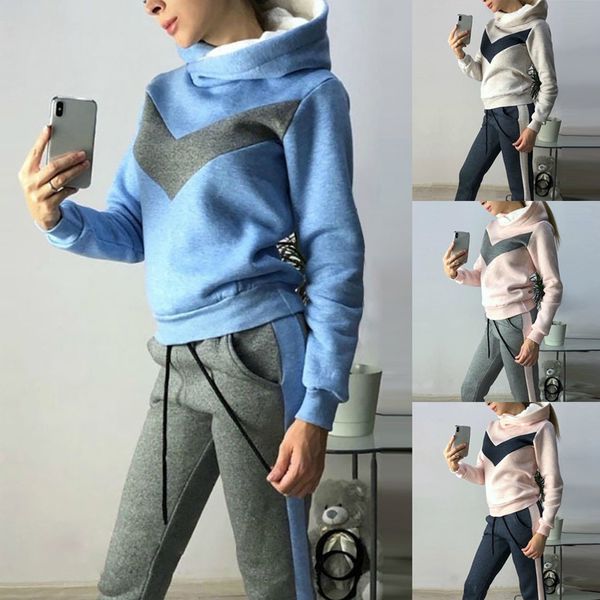 

vertvie winter thicken sports suits plus velvet hoodies coat lace up pants fleece women running sportswear warm tracksuits, Black;blue