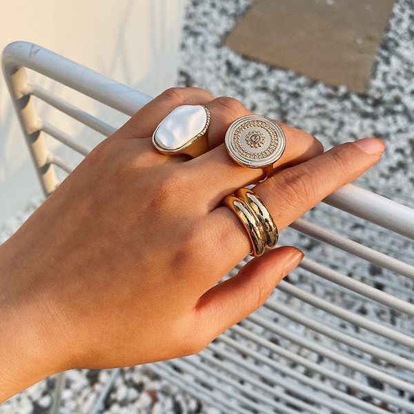

aomu 2020 new 3 pieces/set gold color metal ring fashion ethnic retro geometric round big rings for women party jewelry, Golden;silver