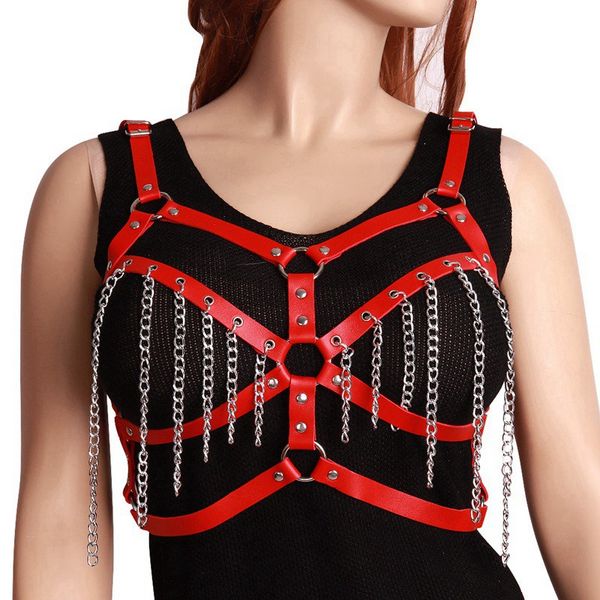 

red leather lingerie metal chain crop chest hollow out goth punk party dance festival rave adjust straps bra harness women, Black;white