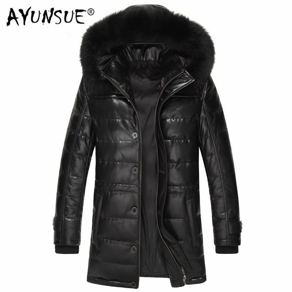 

ayunsue men's sheepskin coat genuine leather winter duck down jacket men fur collar hooded long coat men jacket 15l1568yy303, Black