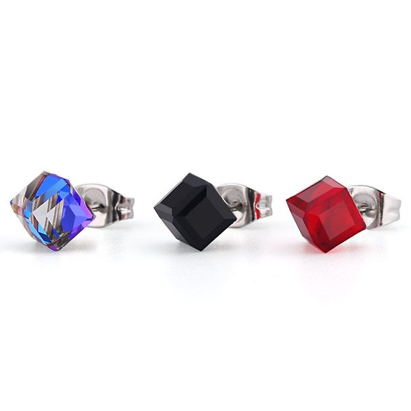 

fashion piercing stainless steel crystal square cubic zircon cz ear stud earrings red/black/colour/earrings men women, Golden;silver