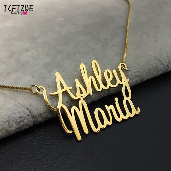 

custom double names necklace women personalized stainless steel gold chain pendants necklace holiday jewelry gift bijoux femme, Silver