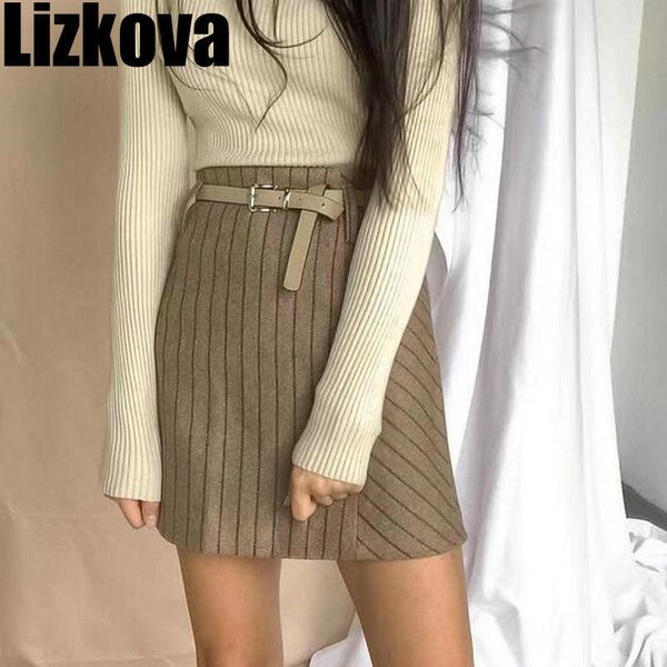 

2019 winter women khaki striped woollen short skirt high waist a-line mini skirt boots thick skirts, Black;gray