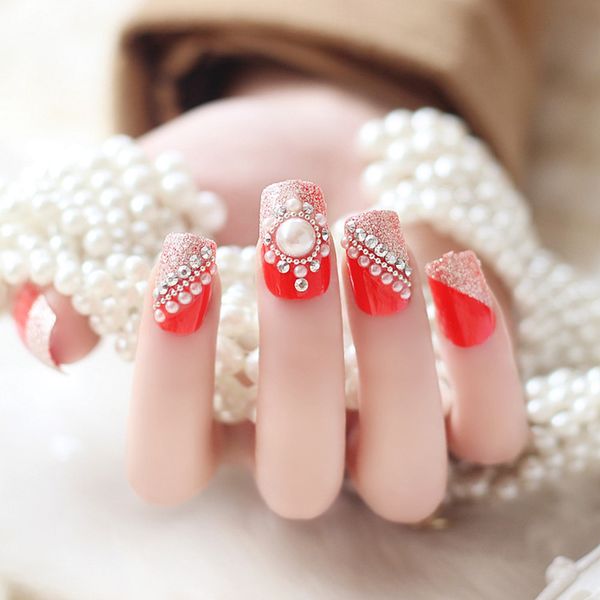 

24 pcs/set french bride full cover red false nails rhinestones crystal 3d design acrylic fake nail tips js11, Red;gold