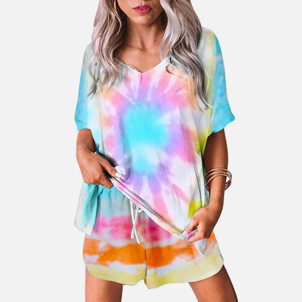 

summer tie dye версия для печати 2 шт набор женщин tracksuit v-образным вырезом футболки шорты женский главная одежда с коротким рукавом пов, White