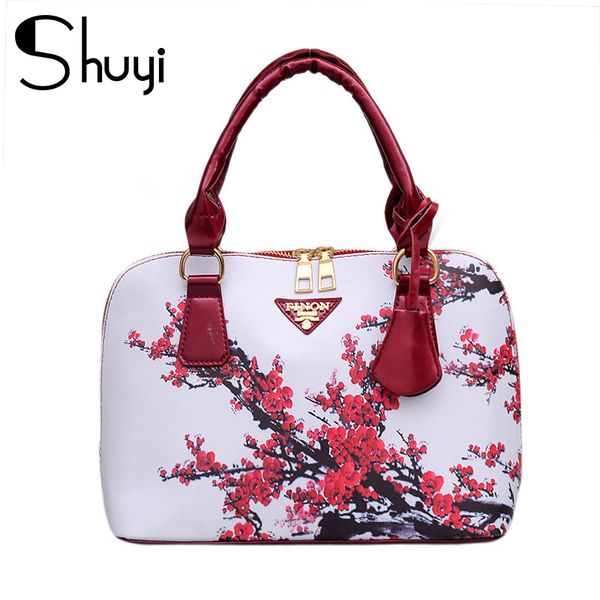 

shuyi 2020 new chinese style women's bag pu leather women handbag retro red plum pattern shoulder bag crossbody