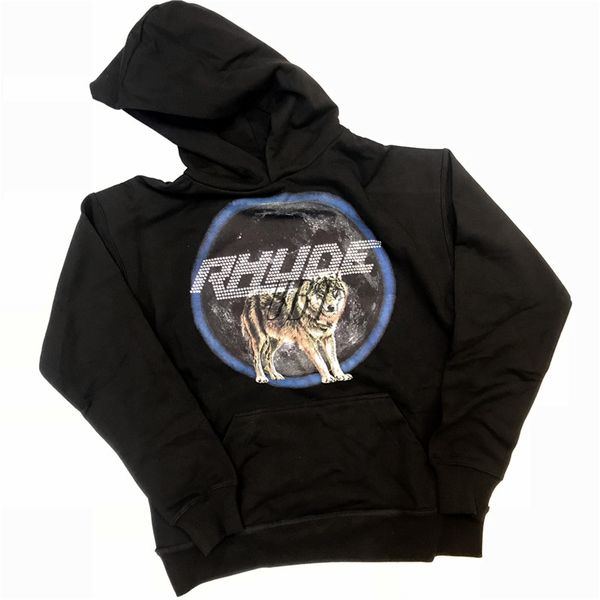 

New rhude diamond printing wolf pattern hoodie hip hop men women rhude black colour pullover weat hirt xl