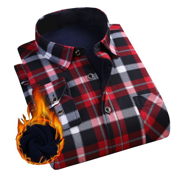 

2019 autumn winter men's cotton business casual plaid dress shirts men shirts long sleeve velvet warm camisa social masculina size 4xl, White;black