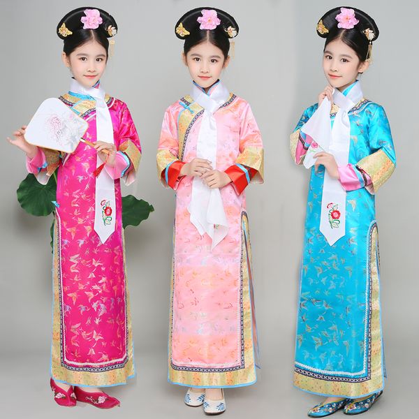 

children's girl ancient costume qing dynasty court princess folk dance dress for traditional chinese hanfu dance stage costume, Black;red
