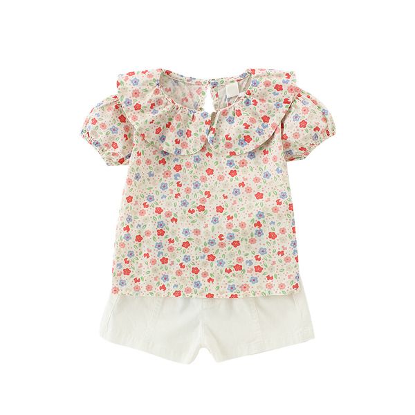 

2pcs wlg girls outfits kids summer floral short sleeve shirt and short set baby girl cute clothes for 1-5 years, White