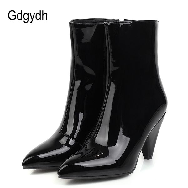 

gdgydh patent leather women boots spike heels black wedding shoes bride white pointed toe ankle boots with zipper big size 47