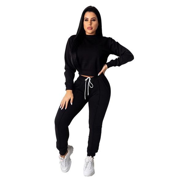 

2 piece set women long sleeve cropped and long pants casual outfit sportswear running suit for ladies autumn winter clothes, Black;blue