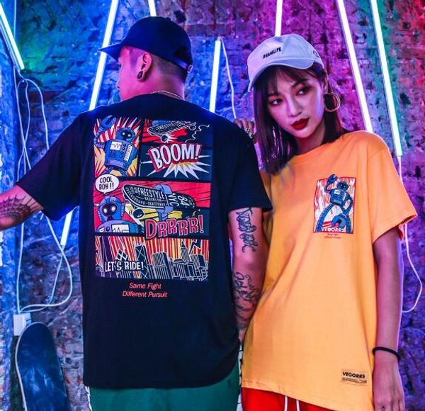 

european american trend t-shirt harajuku style manga print round neck t shirt hip-hop hip-hop comfortable wild couple t-shirts, White;black