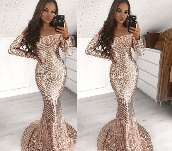 

full sequins mermaid prom dresses long sleeve off shoulder african black women occasion party gowns evening dress