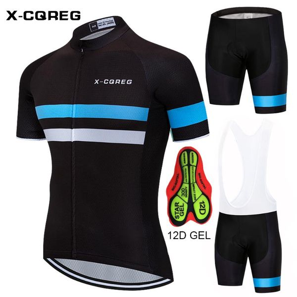 

x-cqreg 2020 12d gel cycling clothing men set bike clothing breathable anti-uv bicycle wear/short sleeve cycling jersey sets, Black;blue