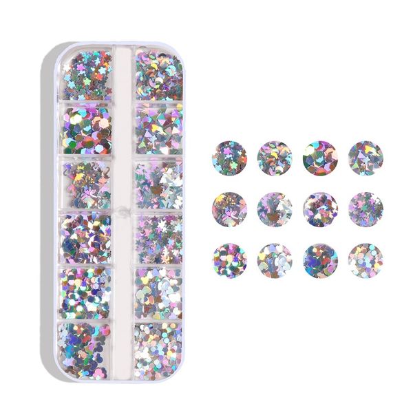 

12 grids/case holographic sparkly butterfly star love nail art glitter sequins paillette 3d decoration flakes slices accessories, Silver;gold