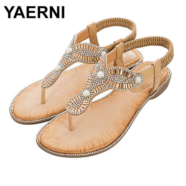 

sandals yaerni women bohemia elastic t-type chain pearl flat beach shoes summer casual thong, Black