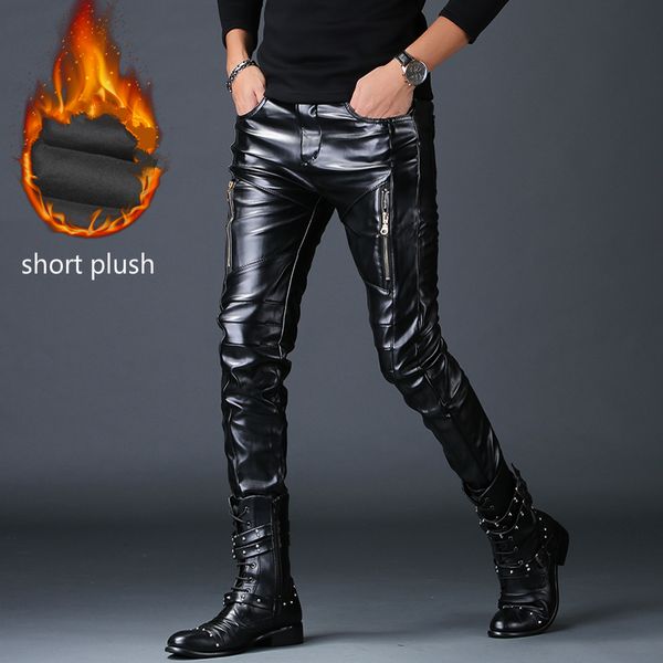 

plus size mens fashion full length skinny faux leather pants moto biker nightclub clothing slim fit pu leather trousers fake zip, Black
