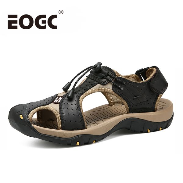 

classic men beach sandals plus size 38-46 genuine leather men sandals summer leather shoes for beach outdoor walking shoes male, Black