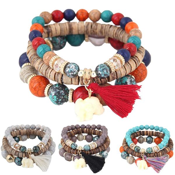 

3pcs bohemia women beaded stone elephant pendant tassel charm bracelet jewelry, Black