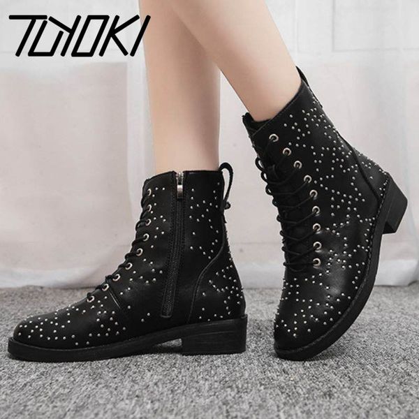 

tuyoki new winter women ankle boots warm cross-tied shoes women bling solid color thick heel work casual footwear size 35-43, Black