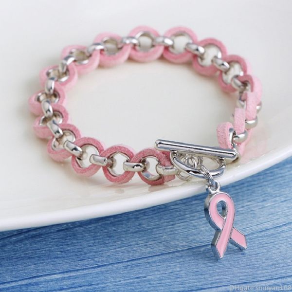 

pink ribbon charm bracelet breast cancer awareness wake bracelets love ribbon woven leather bracelet for women jewelry accessories gift, Golden;silver